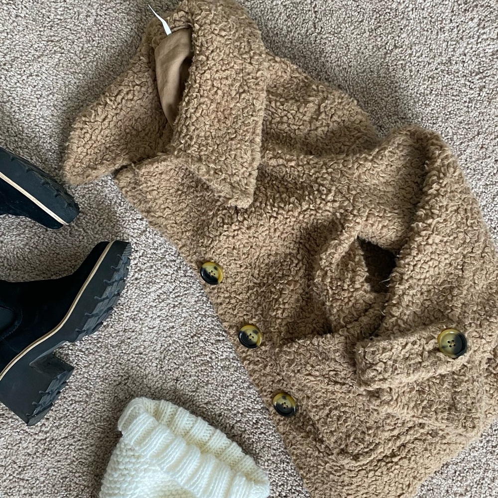 Free People So Soft Cozy Peacoat Teddy Sherpa Coat in Camel/Brown Size XS